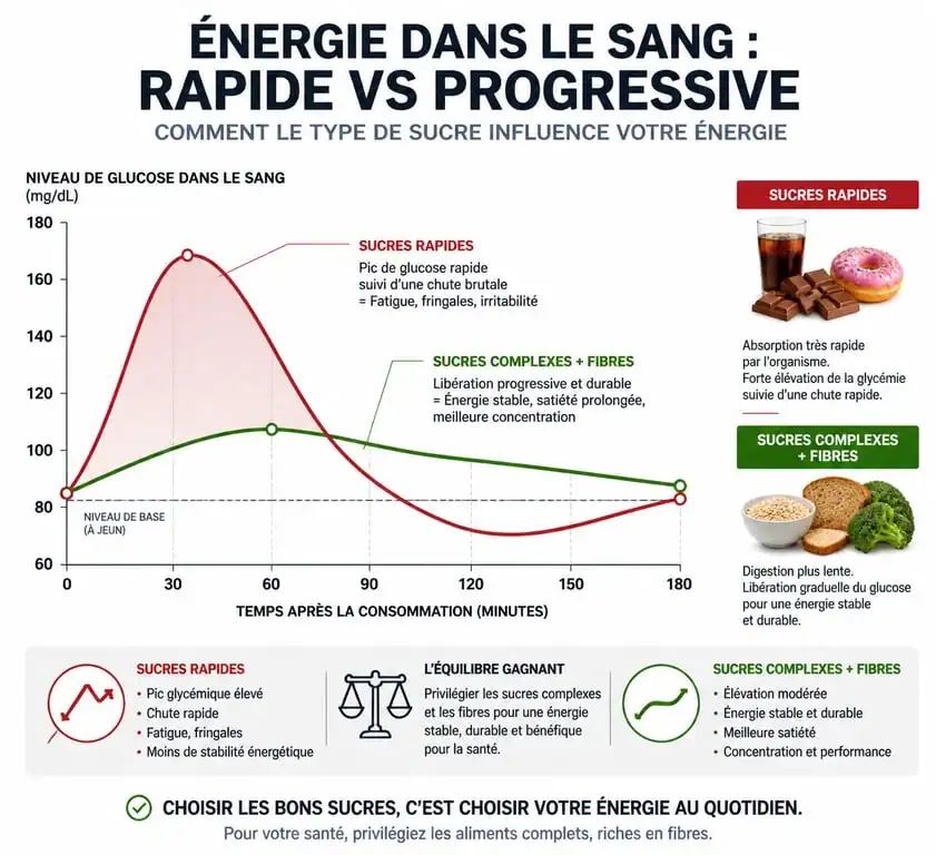 Infographie sur la libération d'énergie des aliments et la glycémie pour comprendre quel aliment donne de l'énergie rapidement