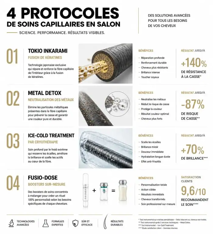 Infographie comparative des protocoles de soin cheveux en salon pour choisir le traitement adapté à la santé de vos cheveux.