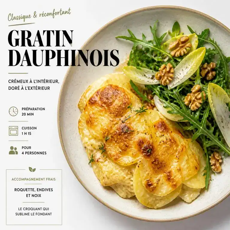 Gratin dauphinois végétarien accompagné d'une salade fraîche pour un repas sans viande