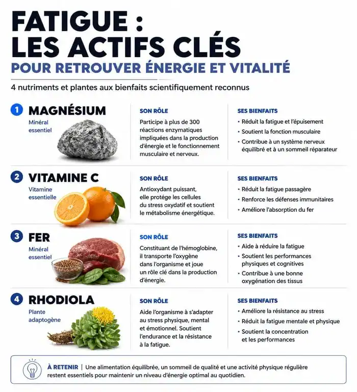 Infographie sur les actifs et médicaments contre la fatigue : magnésium, vitamine C, fer et rhodiola