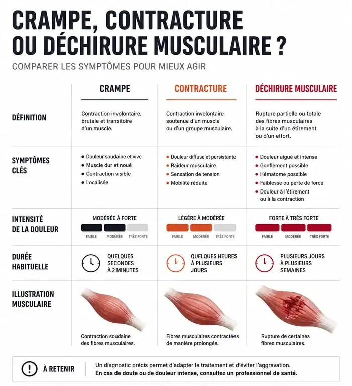 Infographie comparative des symptômes de la contracture au mollet, crampe et déchirure musculaire pour savoir que faire.