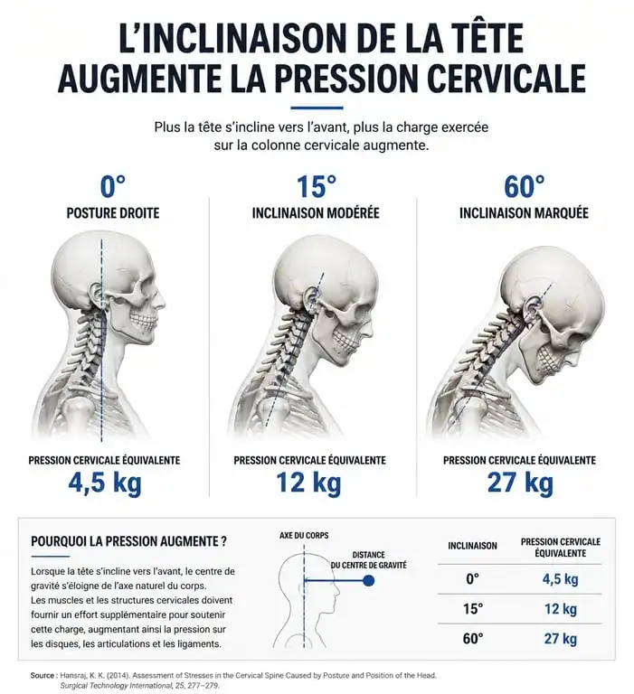 Infographie montrant la pression cervicale selon l'inclinaison de la tête et la bosse de bison