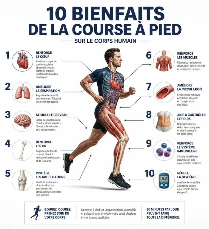 Infographie des 10 bienfaits de la course à pied sur la santé physique et mentale