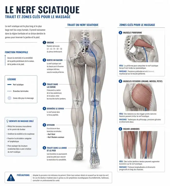 Schéma anatomique du trajet du nerf sciatique et zones cibles pour le massage nerf sciatique