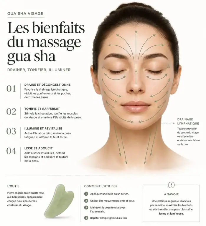 Infographie des bienfaits du gua sha et directions de drainage lymphatique pour le visage