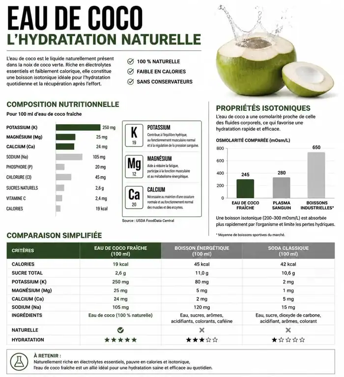 Infographie des bienfaits de l'eau de coco et composition nutritionnelle