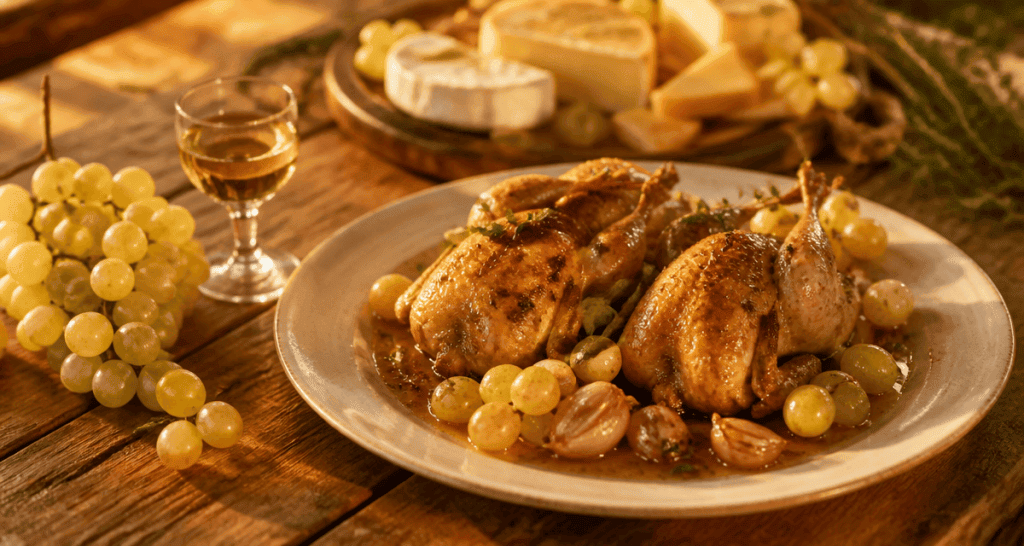 recette au raisin cailles et raisins blancs sur table rustique