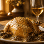 recette poularde au vin jaune cyril lignac sur assiette avec morilles