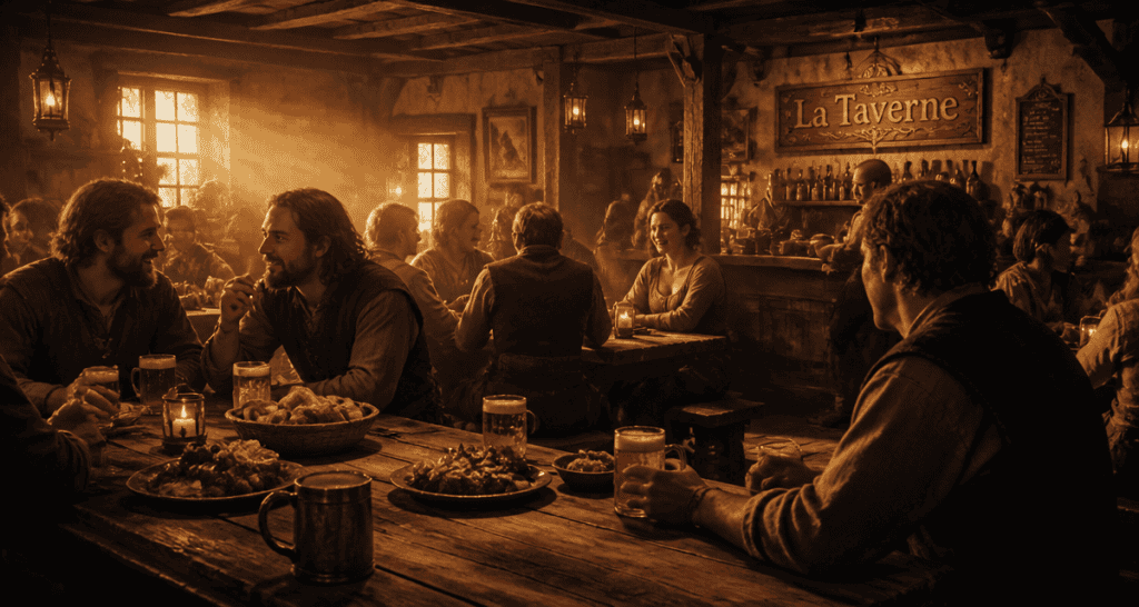 taverne conviviale en bois au coucher du soleil