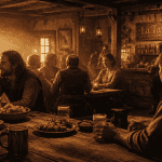 taverne conviviale en bois au coucher du soleil
