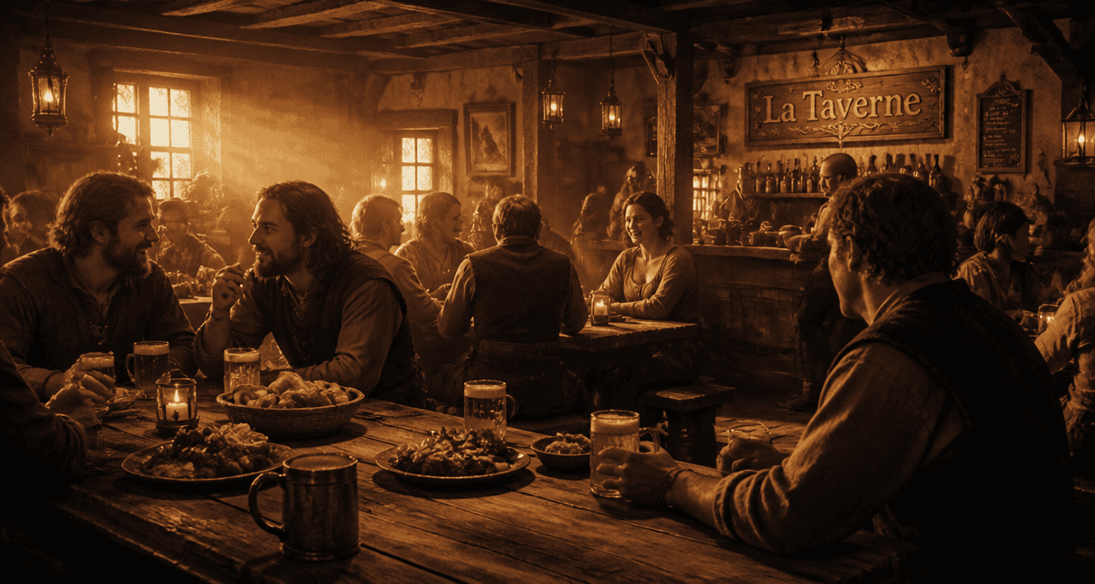 taverne conviviale en bois au coucher du soleil