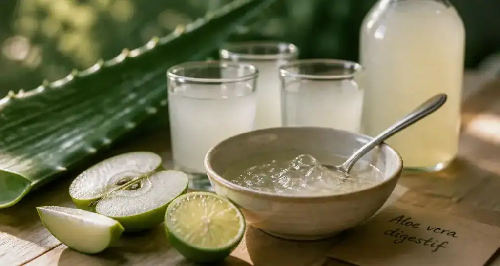 Aloe vera beverage : gel pur en verre et bouteille de jus