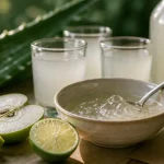 Aloe vera beverage : gel pur en verre et bouteille de jus