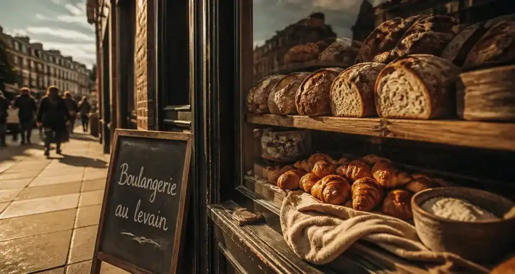 Boulangerie à Londres : pains au levain et croissants, devant la boutique artisanale