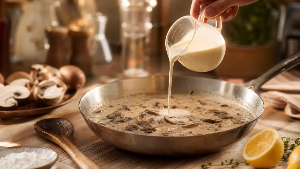 Comment epaissir une creme : crème liquide versée, sauce aux champignons