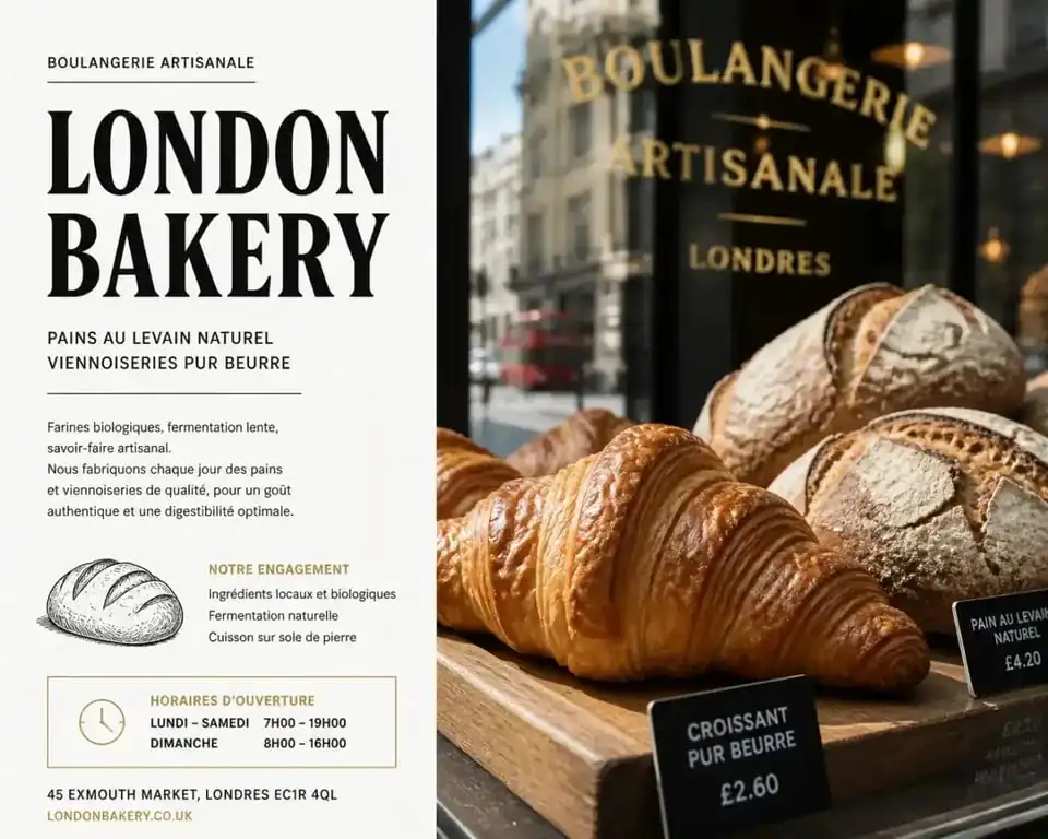 Vitrine de boulangerie artisanale à Londres proposant des viennoiseries et du pain au levain