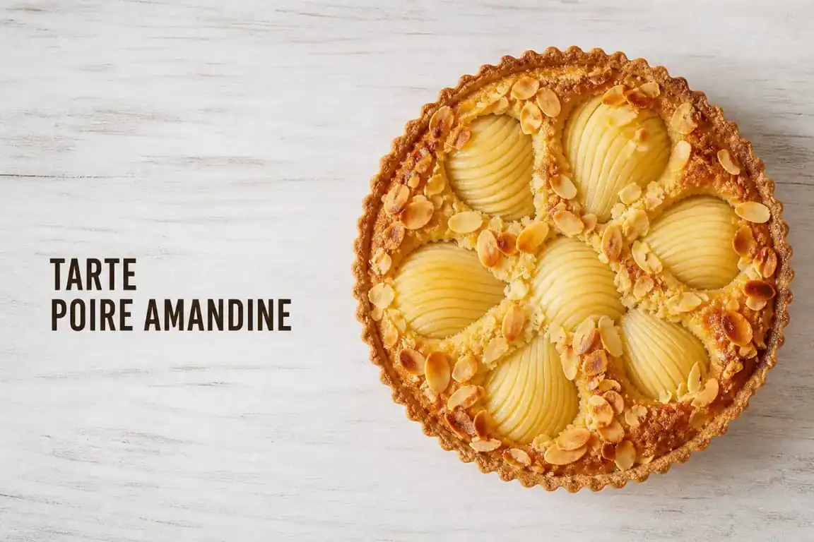 Tarte poire amandine façon Cyril Lignac sur une table en bois