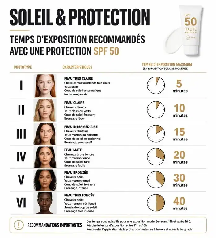 Infographie sur les temps d'exposition recommandés pour bronzer avec un indice 50 selon le phototype