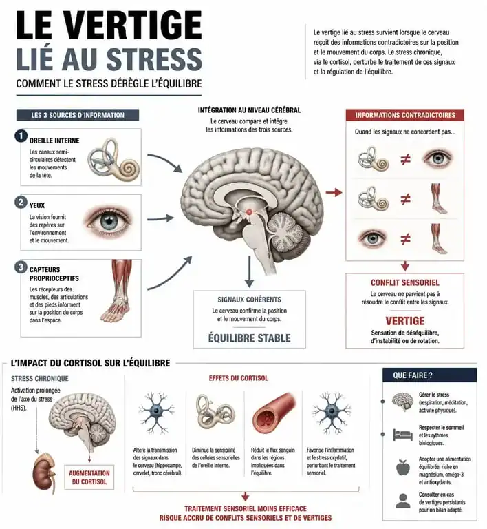 Schéma explicatif du lien entre stress et vertige : mécanisme physiologique du déséquilibre
