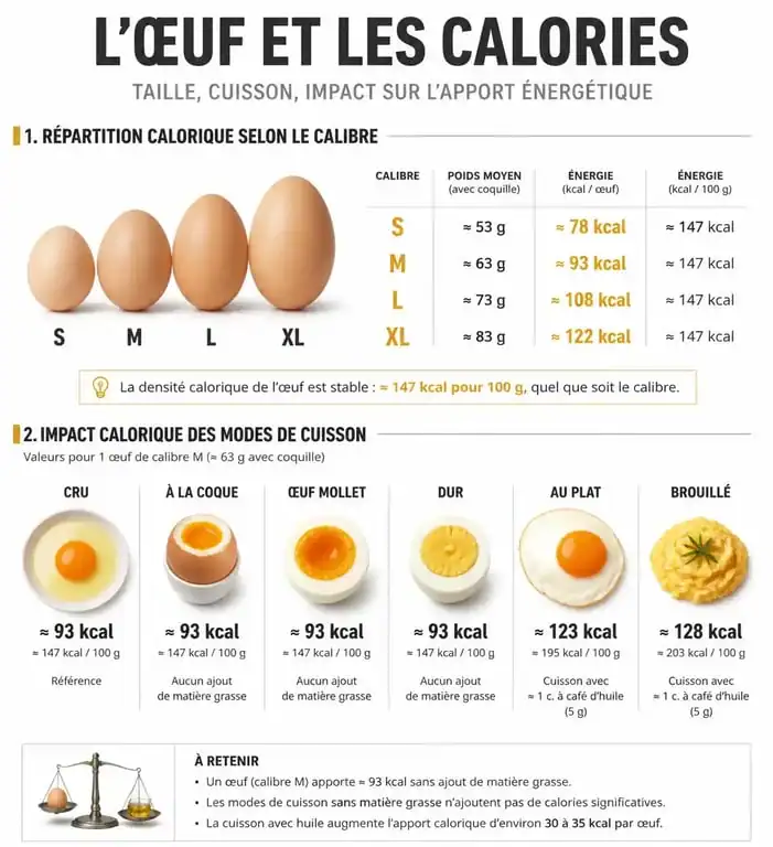 Infographie des calories dans les œufs selon le calibre et le mode de cuisson