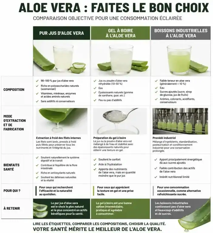 Comparatif des bienfaits et composition des boissons à l'aloe vera