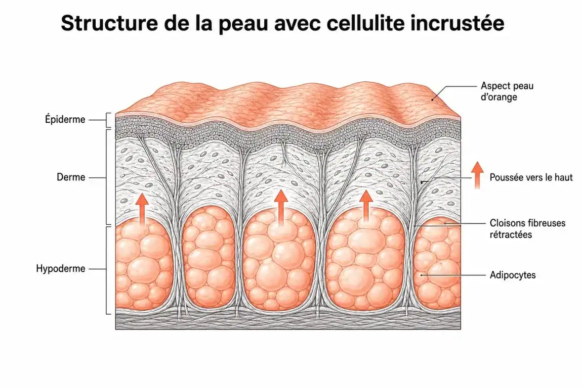 Schéma explicatif de la cellulite incrustée et des cloisons fibreuses sous la peau
