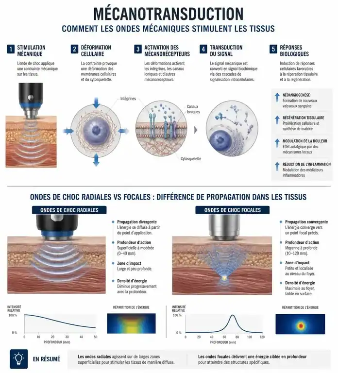 Schéma explicatif du fonctionnement de la shockwave therapy : ondes radiales vs ondes focales