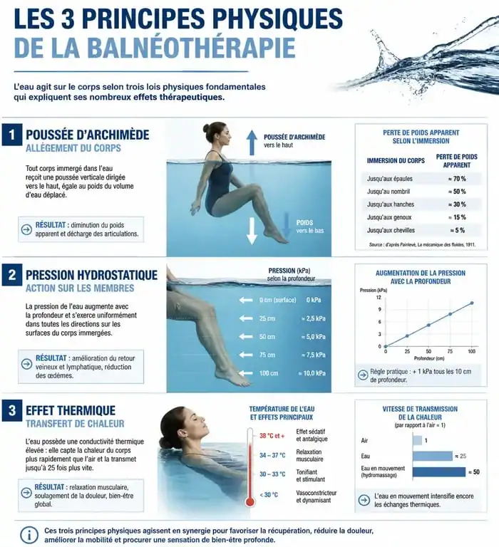Infographie expliquant les principes physiques de la balnéothérapie : poussée d'Archimède, pression hydrostatique et effet thermique.