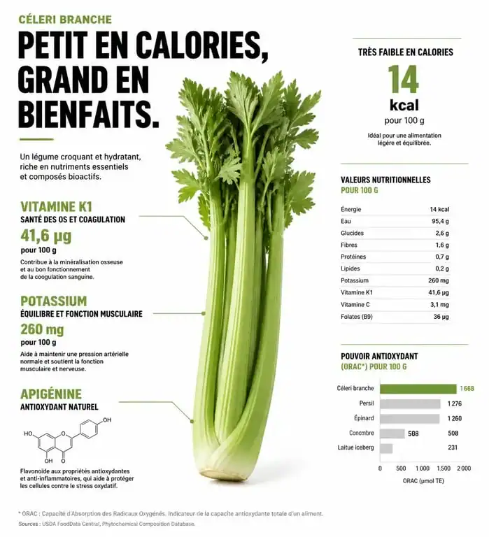 Infographie des bienfaits nutritionnels et apports santé du céleri branche
