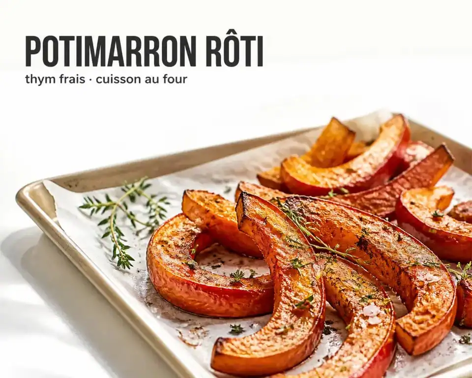 Tranches de potimarron rôti au four avec thym et ail, plat d'automne savoureux.
