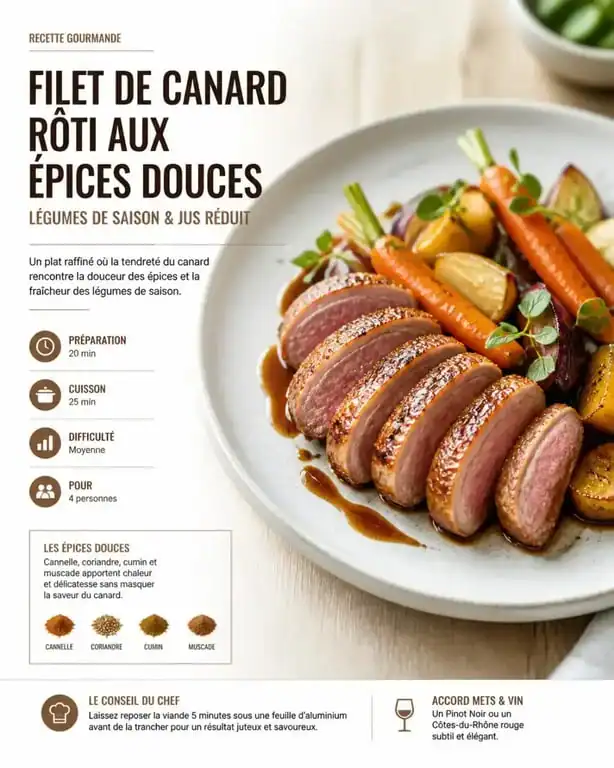 Filet de canard aux épices douces servi au restaurant L'Échappée Belle