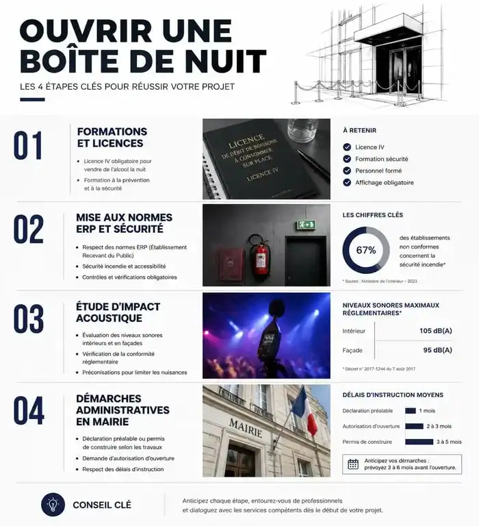 Infographie des étapes administratives et légales pour l'ouverture d'une boîte de nuit