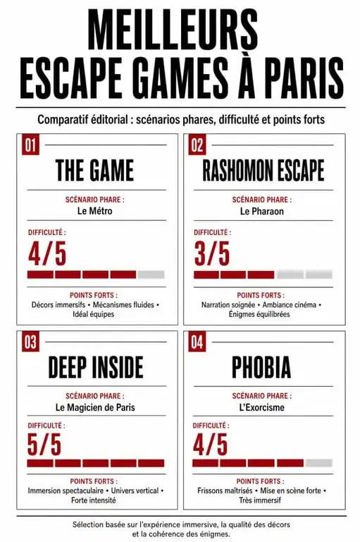 Comparatif des meilleurs escape games à Paris : The Game, Rashomon, Deep Inside et Phobia.