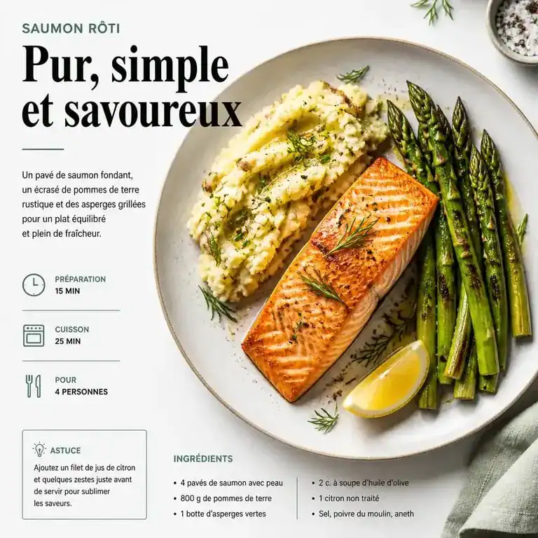 Saumon au four et son accompagnement d'écrasé de pommes de terre et asperges