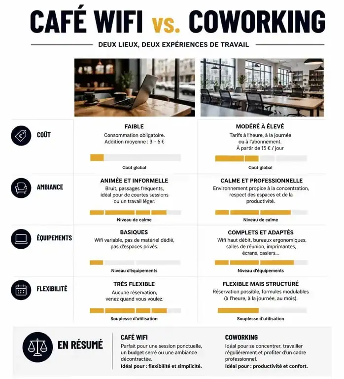 Infographie comparative : Café wifi vs Espace de coworking pour le télétravail