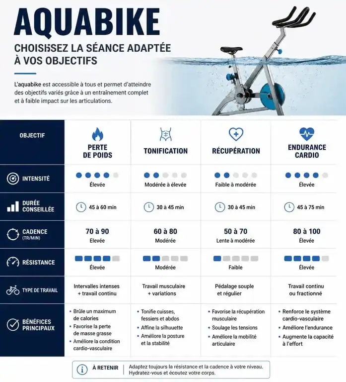 Tableau comparatif des objectifs et durées pour une séance aquabike efficace