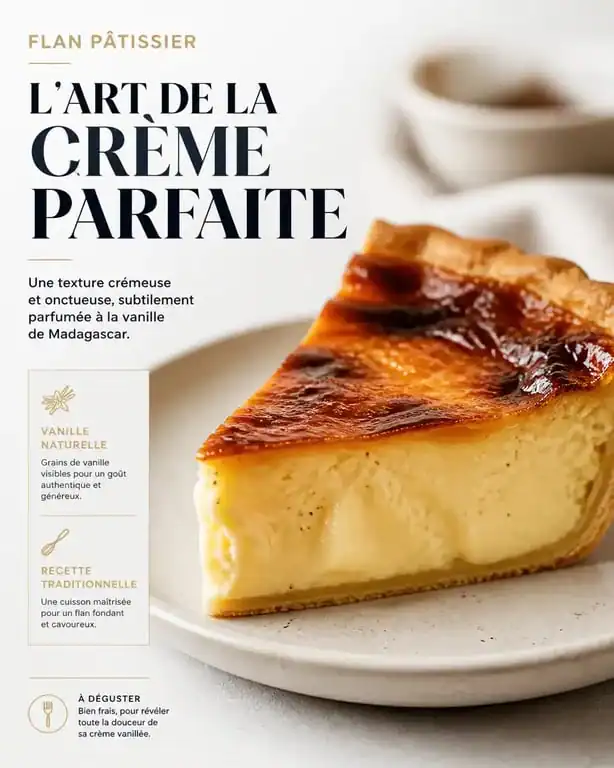 Part de flan pâtissier traditionnel à la vanille de Madagascar, mettant en valeur la qualité de la gousse de vanille.