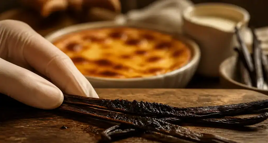 Gousse de vanille Bourbon charnue, graines noires, photo pâtisserie