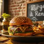 Hamburger Rennes artisanal sur table avec frites