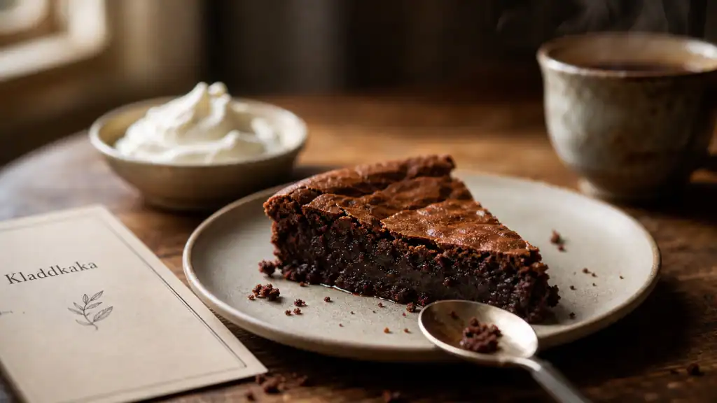Kladdkaka suédoise au chocolat fondant, part sur assiette mate