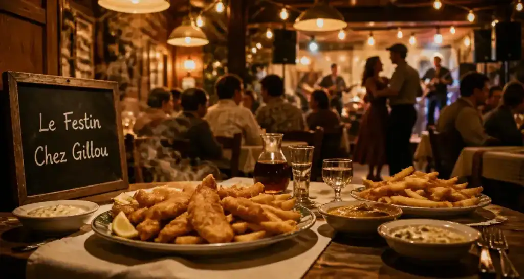 Le festin chez gillou : table de friture dorée à Valentigney, ambiance guinguette