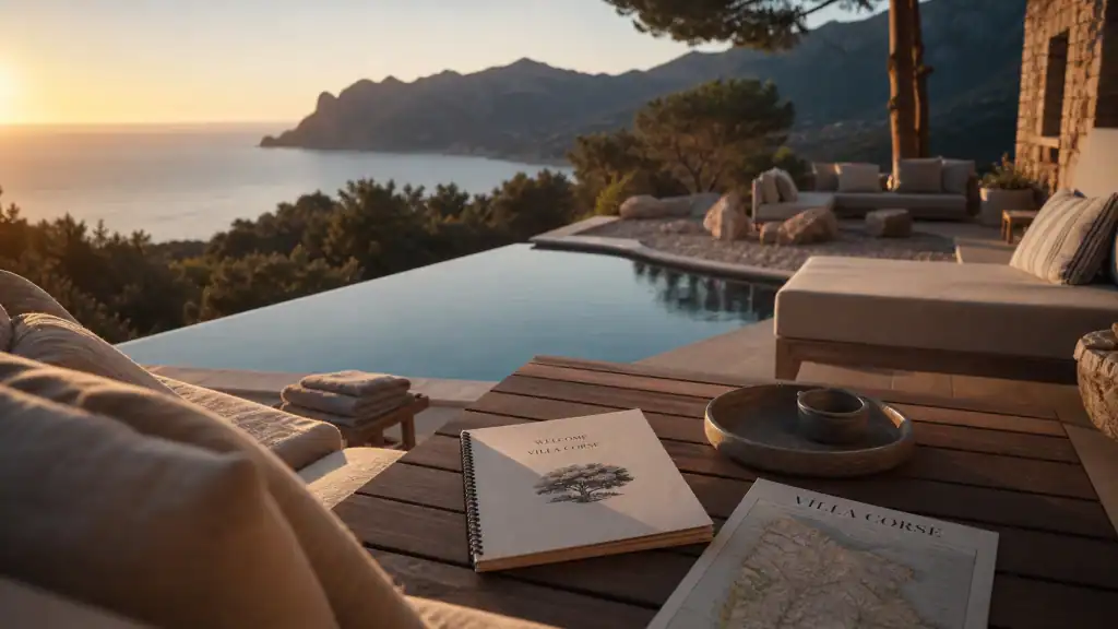 Location villa corse luxe : terrasse avec piscine à débordement et vue mer