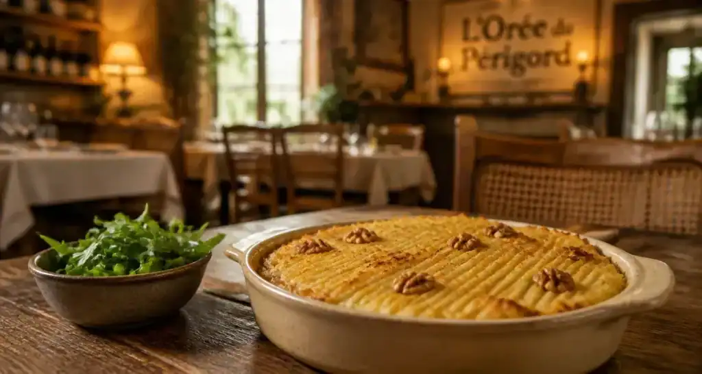 L’orée du perigord à Feuillade : parmentier de canard aux noix du Périgord, table rustique