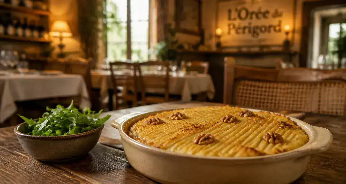 L’orée du perigord à Feuillade : parmentier de canard aux noix du Périgord, table rustique
