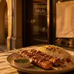 Restaurant halal 78 : table en bois et poulet braisé