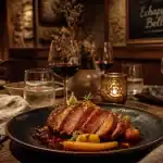 Restaurant l'echappée belle, table bistronomique dressée pour le soir, assiette et verre à vin