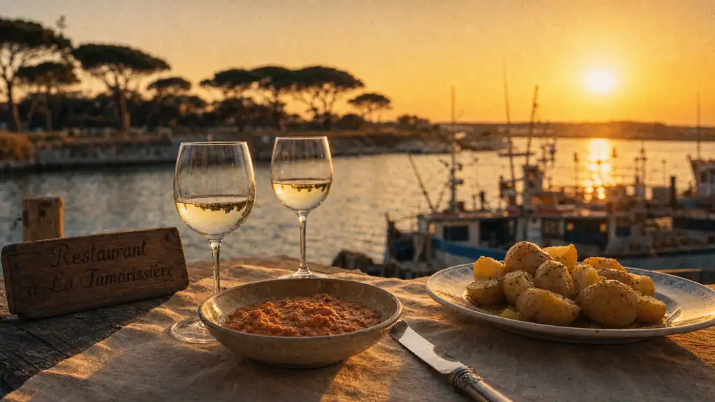Restaurant la tamarissiere : table terrasse, pinède et Méditerranée