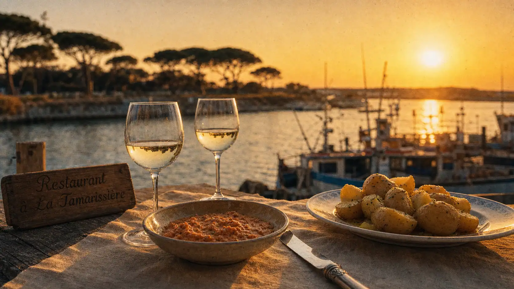 Restaurant la tamarissiere : table terrasse, pinède et Méditerranée