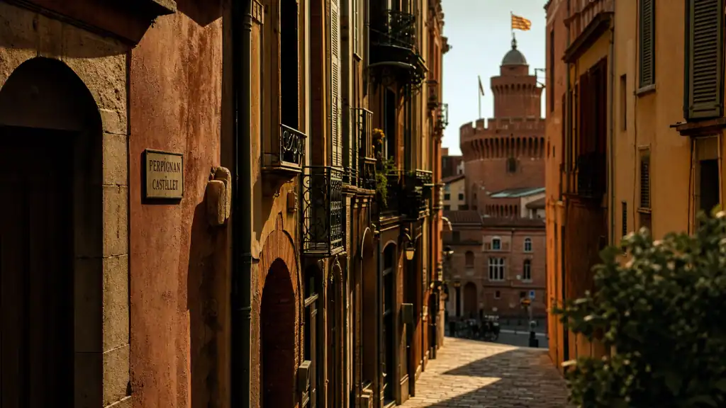 Vieille ville Perpignan, ruelle pavée avec vue sur le Castillet