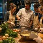 Cours cuisine Lyon en atelier convivial : chef et participants cuisinant